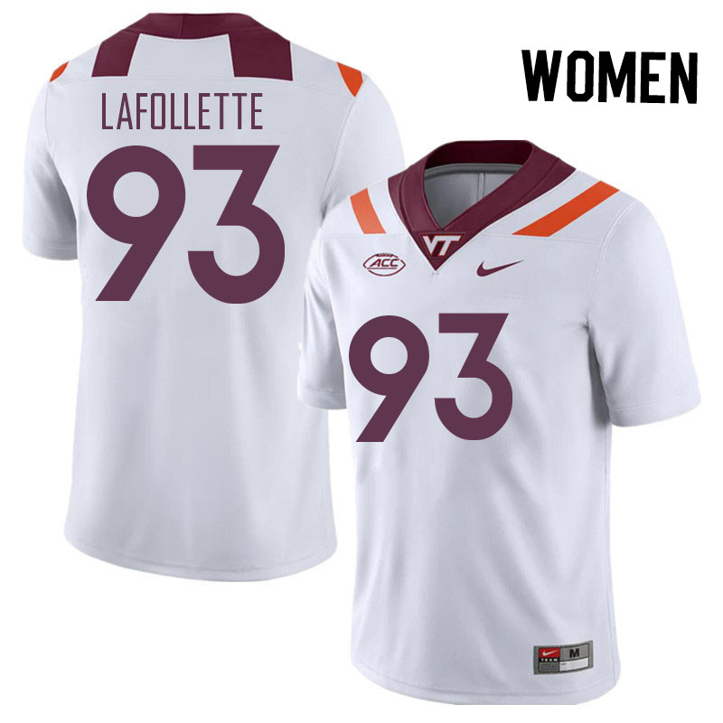 Women #93 Bryce LaFollette Virginia Tech Hokies College Football Jerseys Stitched Sale-White